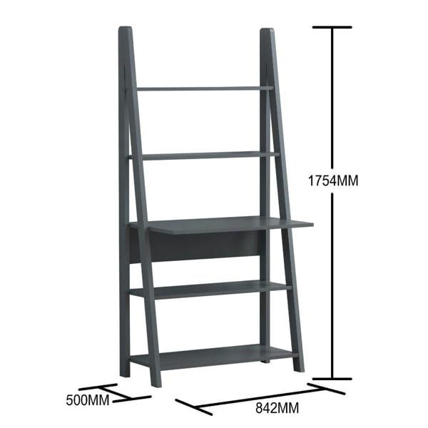 Timber Art Design Riva Ladder Bookcase with 5 Tier Shelves & Overhanging Desk Shelf