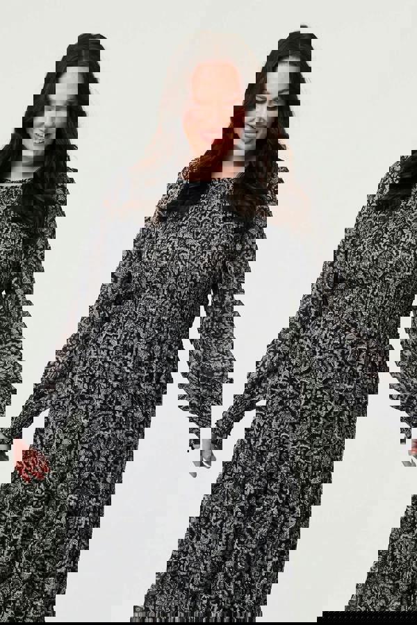 Black | Curve Paisley Long Puff Sleeve Midi Smock Dress