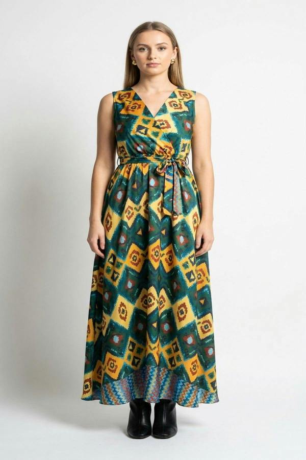 Nalani V Neck Sleeveless Maxi Dress With Tie Waist - Yellow