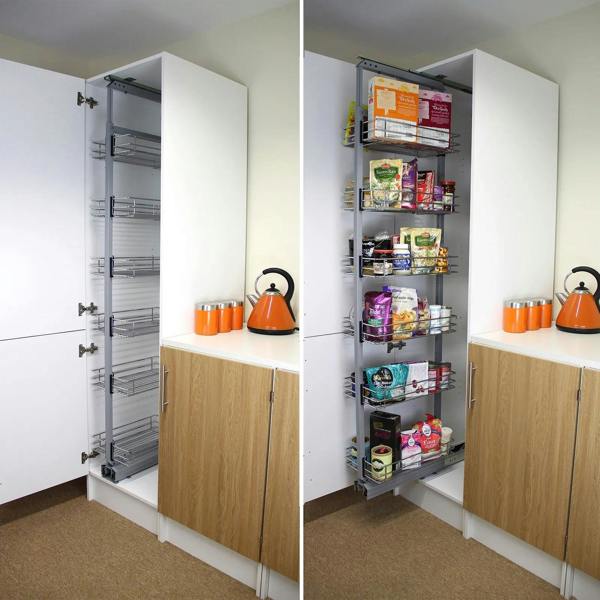 KuKoo pull-out soft close kitchen larder in white and wood finish, featuring adjustable shelves and ample storage for pantry items