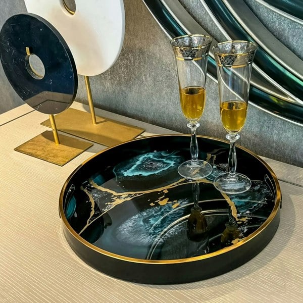 Maison des Cadeaux Black Round Agate Theme Drinks Candle Tray