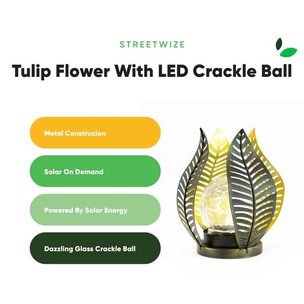 Gardenwize Solar Garden Ornament – Metal Tulip Flower with LED Crackle Glass Ball