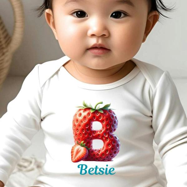 Personalised Strawberry Baby Grow, Vest or Bib with Initial Name