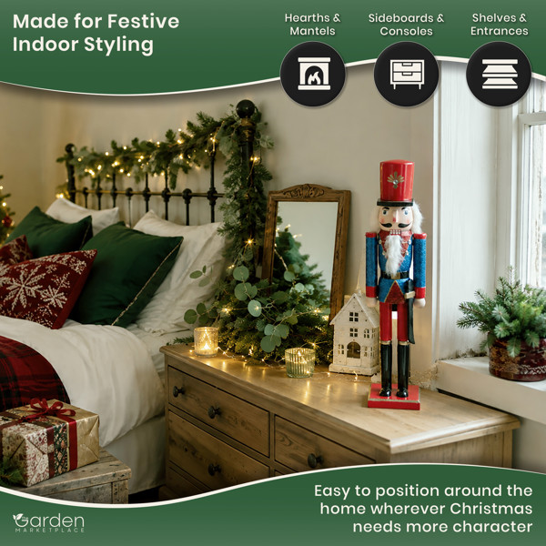 Large Christmas Nutcracker Figure 50cm Tall, Blue and Red Traditional Festive Decoration, Indoor Ornament