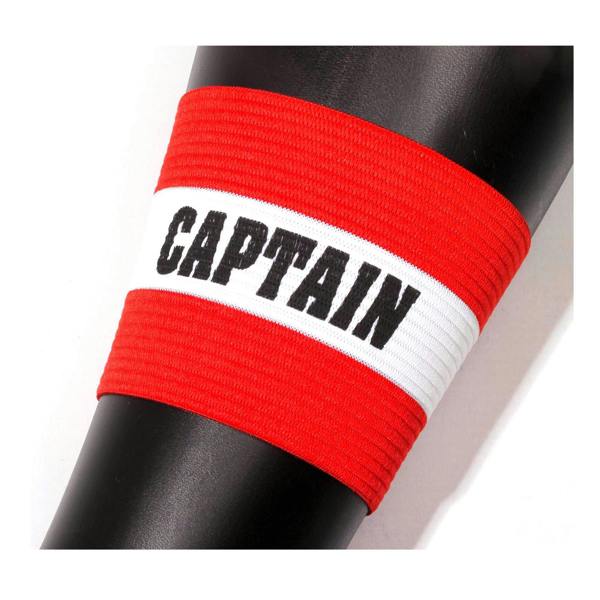 Red Optimum captain's armband with white stripe reading CAPTAIN wrapped around a black post - Optimum
