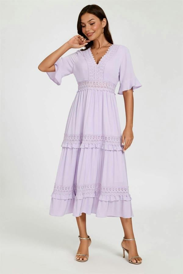 FS Collection V Neck Lace Detail Midi Dress In Purple