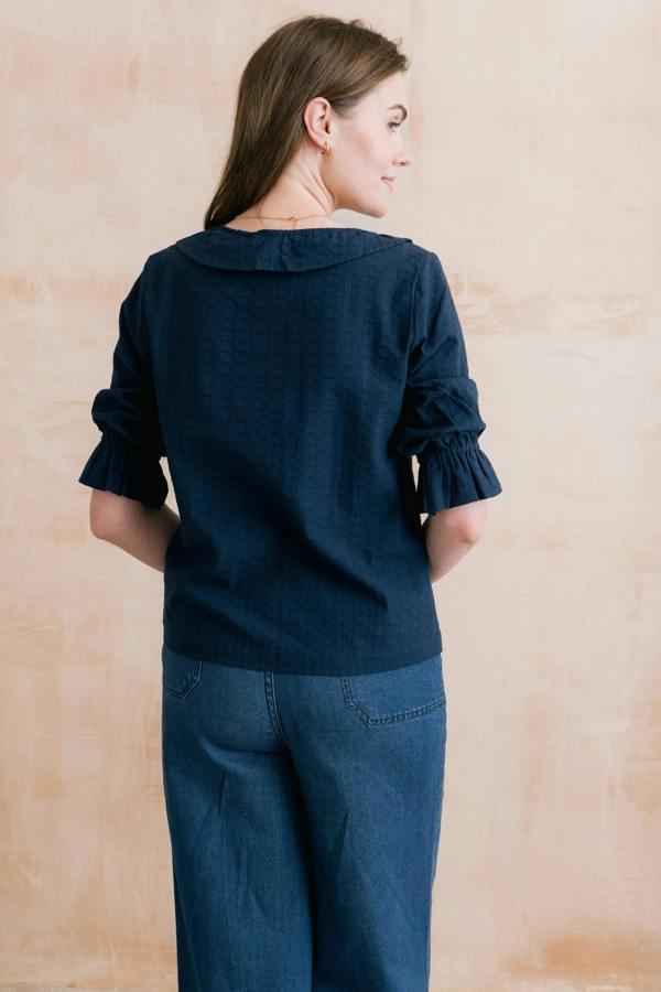 Lily & Me May Embroidered Cotton Frill Blouse Navy
