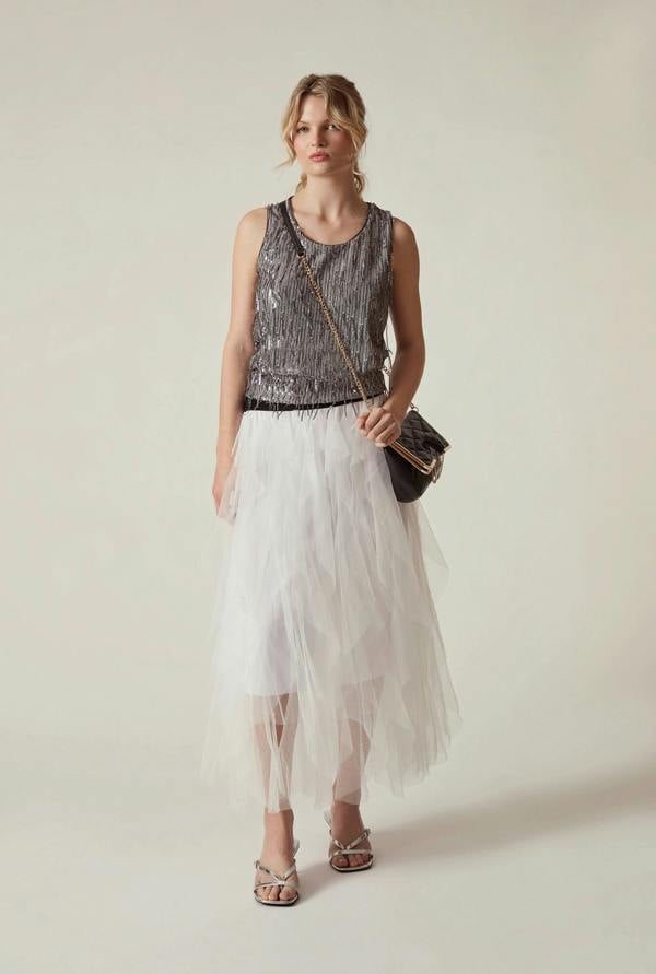James Lakeland White Tulle Ruffle Midi Skirt