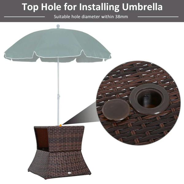 Brown rattan table with umbrella installation hole in the tabletop