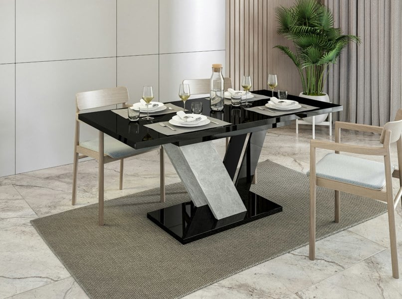 DUBAI 120–160 black gloss extending dining table 4–6 seater with stone effect base.