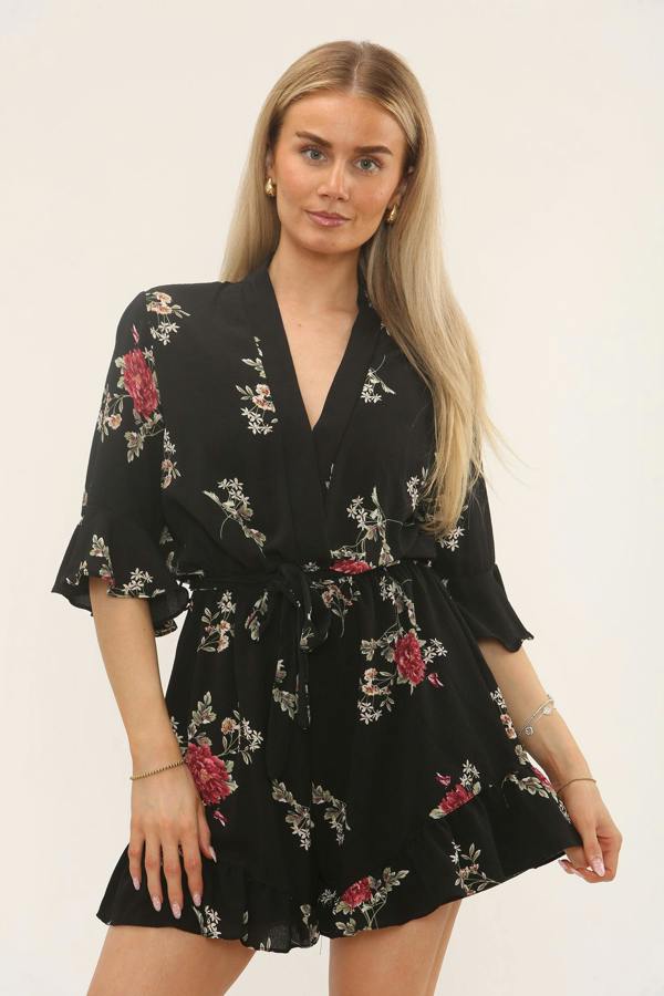 Black Floral Belted Playsuit – Ruffle Hem