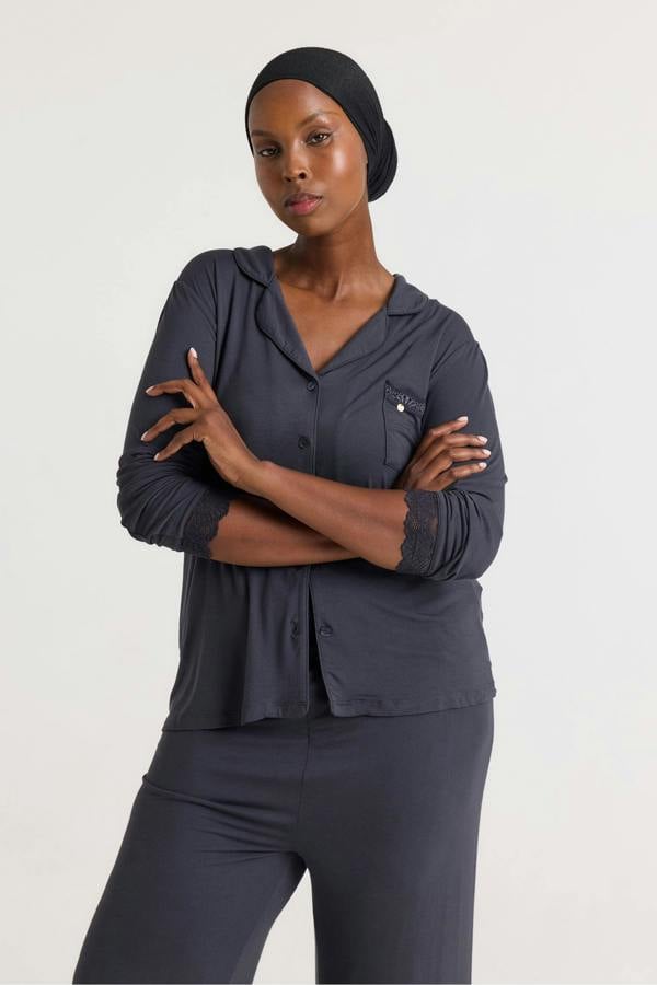 Bamboo Lace Long Pyjama Set in Raven - Wholesale - Pajamas
