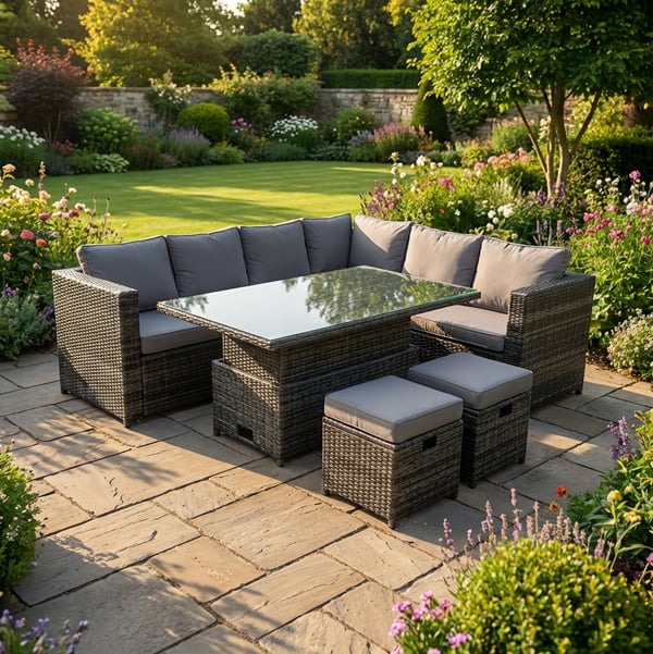 Fimous 8 Seater Rattan Garden Furniture Set with Corner Sofa, Adjustable Dining Or Coffee Table, 2 Footstools - Dark Grey