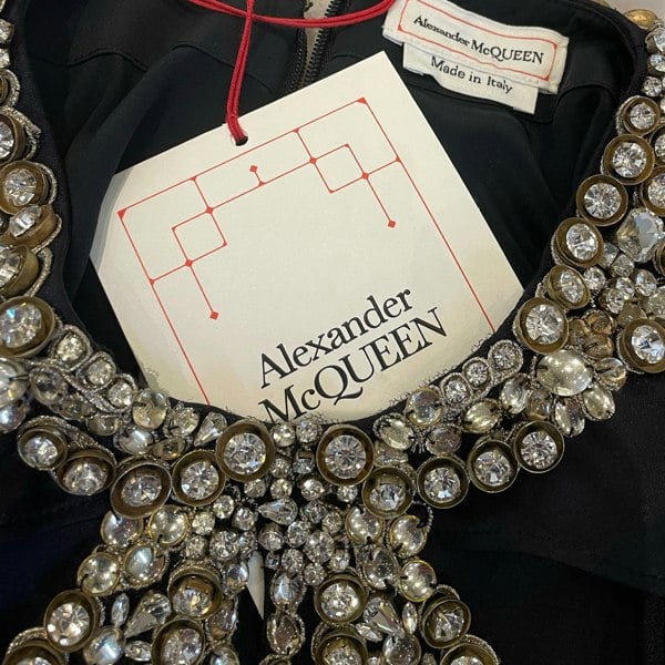 Alexander McQueen Bejewelled Cape Gown in black silk satin