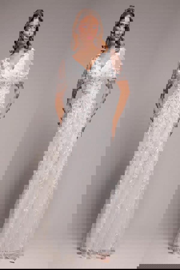 Flared Sleeve Embroidered Maxi Dress - White DR3279A