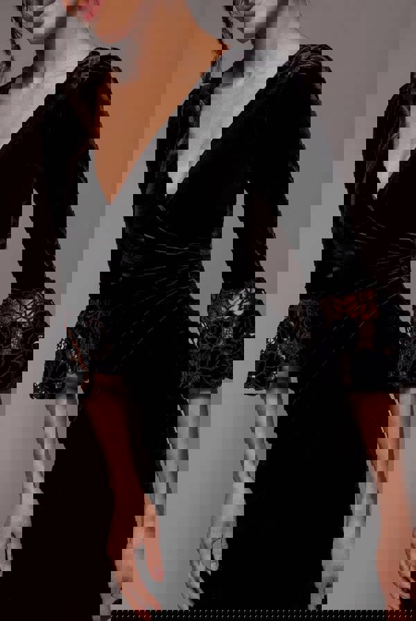 Crochet Velvet Wrap Midi Dress - Black DR4483