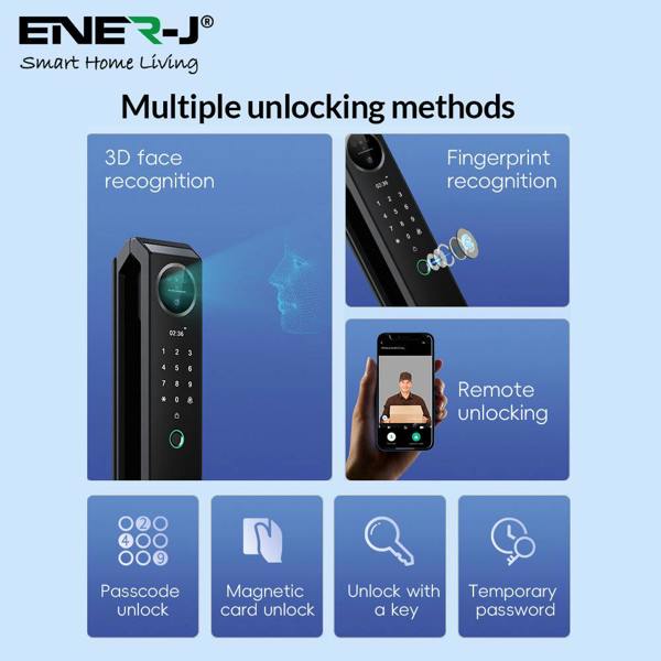 ENER-J Smart Doorlock With Peephole Camera, Works with fingerprint, Passcodes, APP control, RFID Cards & Mechanical Keys, Black housing, IP65