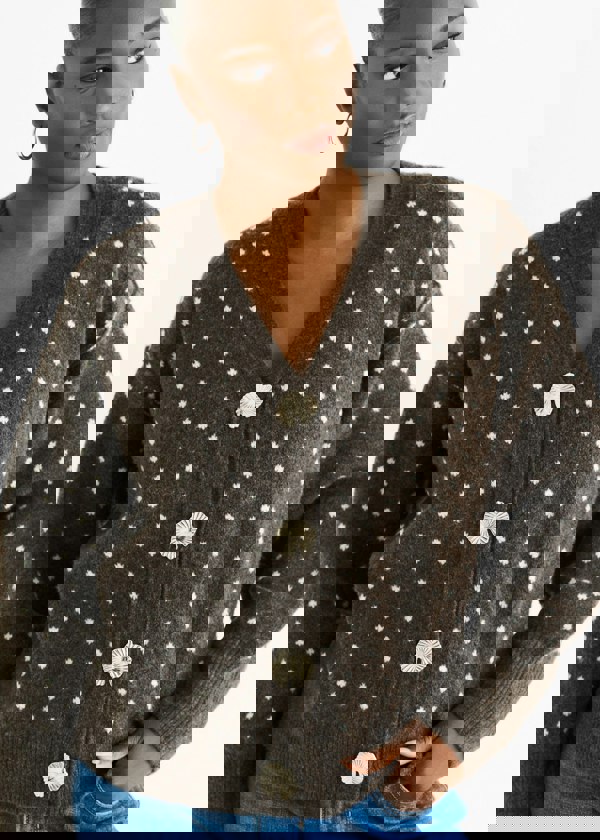 Gini London Chocolate Spot Print Button Cardigan Look Jumper