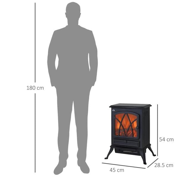 Black freestanding electric fireplace heater with flame window and pedestal legs