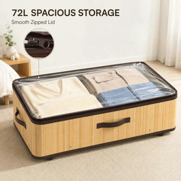 Bobobiy 72L Under Bed Storage with Wheels Pack of 2, Underbed Storage Box with Clear Lid Cover and Reinforced Handle, Natural