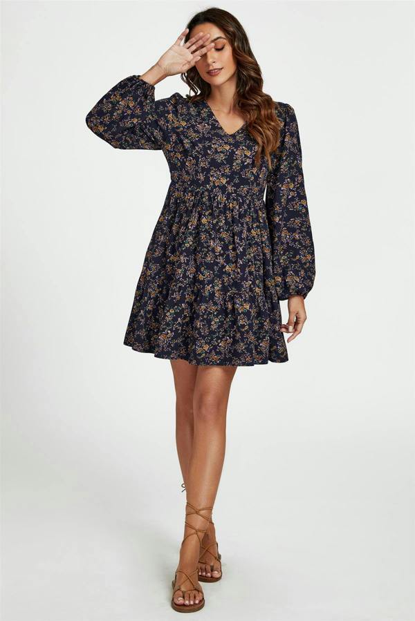 FS Collection Little Floral Print V Neck Mini Dress In Navy