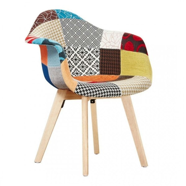 Life Interiors Patchwork Multicolor Fabaric Upholstered Accent Chair with Wooden Legs, Mid-Century Modern Armchair