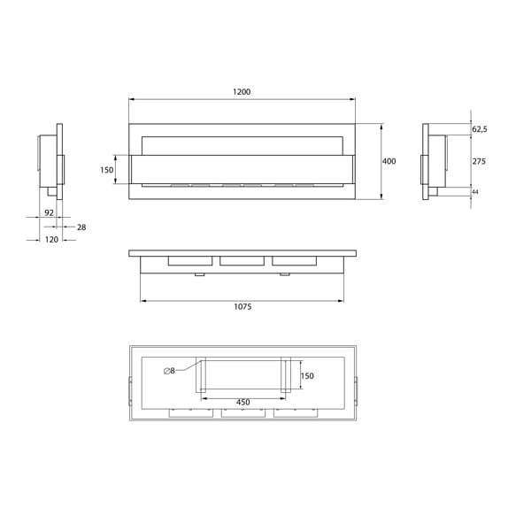BIOFireplacesGMT Bioethanol Fireplace Wall Mounted 1200x400 Black Matt with Glass Ventless