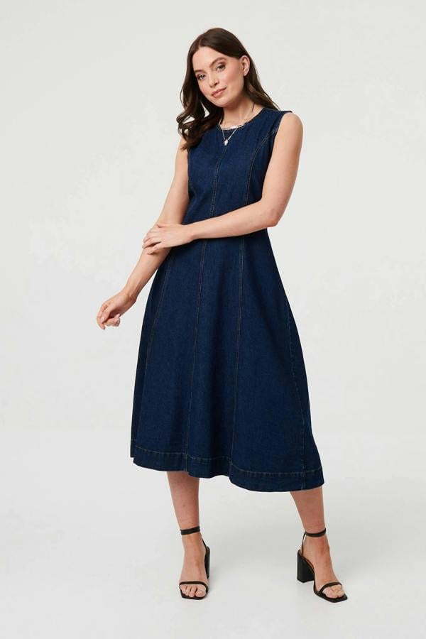 Blue | Denim Sleeveless Midi A-Line Dress