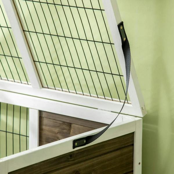 White rabbit hutch roof panel with latch and wire mesh edge
