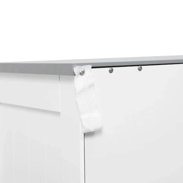 Anti-tipping strap attachment under the cabinet top, secured with visible metal screws