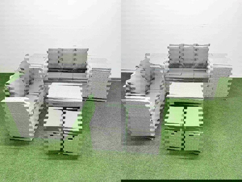 Fimous 7 Seater PE Rattan Wicker Garden Furniture Patio Conservatory Sofa Set with Oblong Coffee Table 3 Seater Sofa Love Sofa 2 Stools 2 Side Table