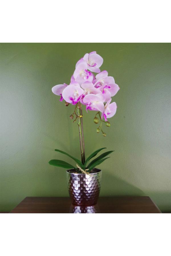 Dyzi 50cm Real Touch Artificial Orchid in Silver Honeycomb Pot