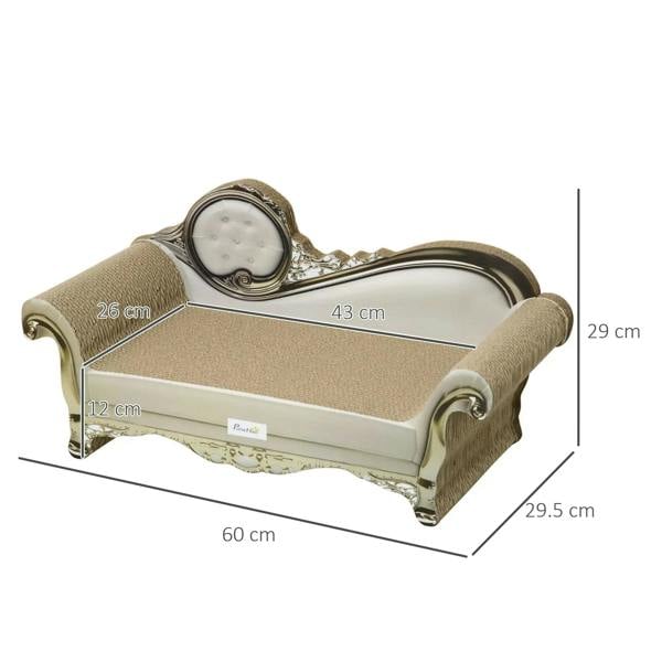 Beige cat sofa bed with scratching pad and top cushion, size dimensions shown