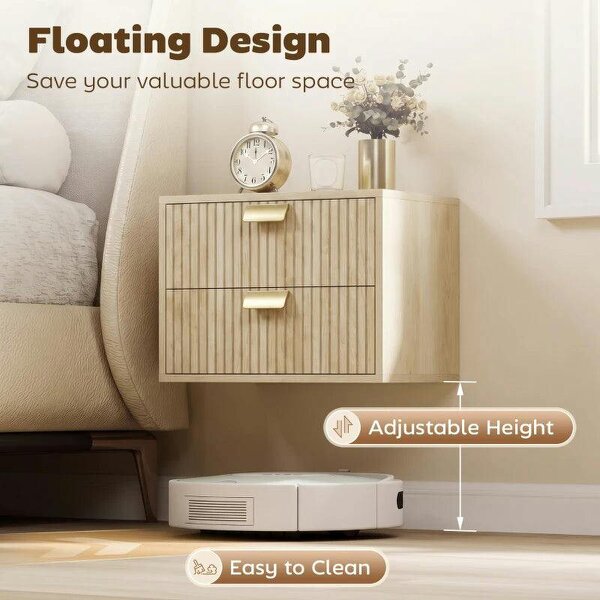 Modern Floating Nightstands Set of 2, Wall Mounted Bedside Tables with 2 Drawers, Oak