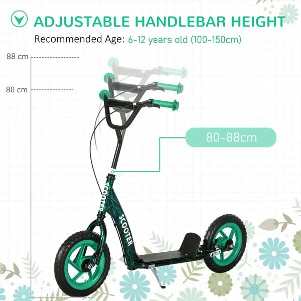 Green kids kick scooter with adjustable handlebar height and kickstand