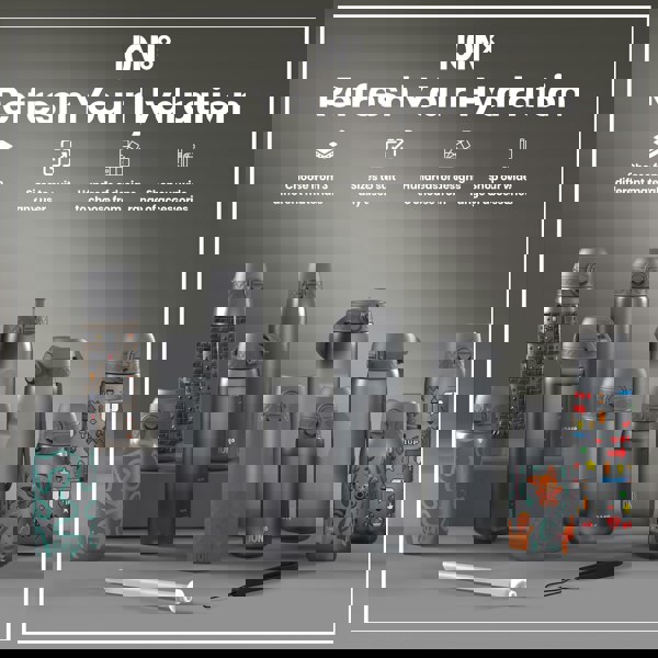 Several ION8 water bottles, varying in size and design, are displayed on a gray surface. They are shown alongside a straw and carrying strap. The accompanying text advertises material choices, sizes, designs, and accessories.