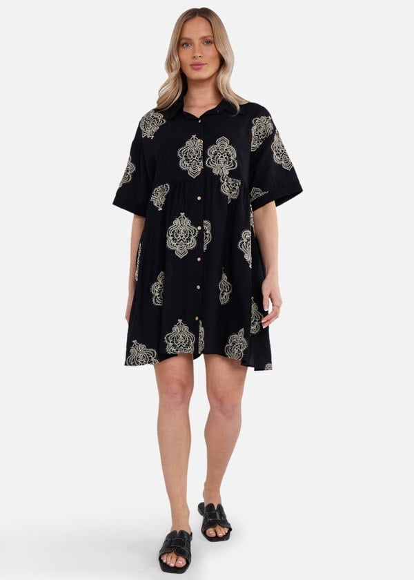 Gini London Black Embroidery Smock Oversized Mini Shirt Dress