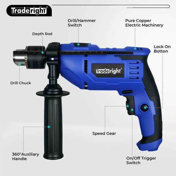 Traderight Electric Hammer Drill 13mm Chuck Powerful Variable Speed Corded DIY