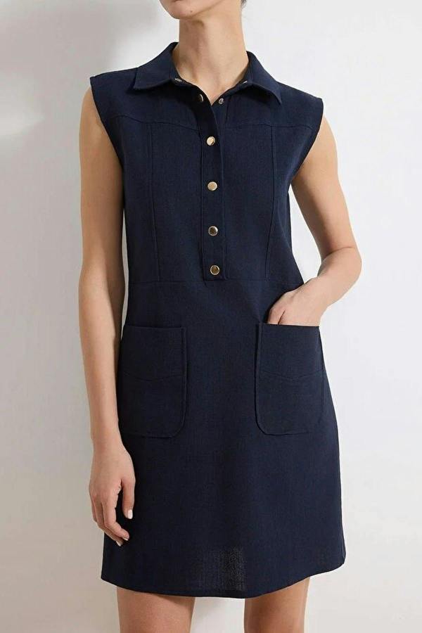 WOVCOR Straight Cut Shirt Collar Linen-Look Mini Woven Dress