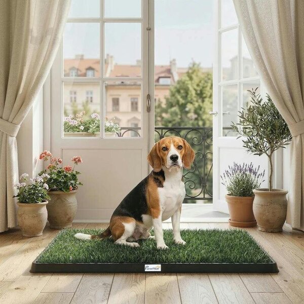 Dog Grass Pee Pad with Tray, Dog Toilet Tray with 2 Artificial Grass Mats, Portable Puppy Training Toilet - Black