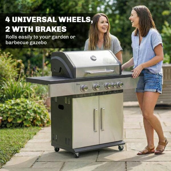 Bobobiy 4+1 Burner Gas BBQ Grill, Portable Gas Barbecue Grill with Side Burner, Warming Rack, Side Shelf, Storage Cabinet
