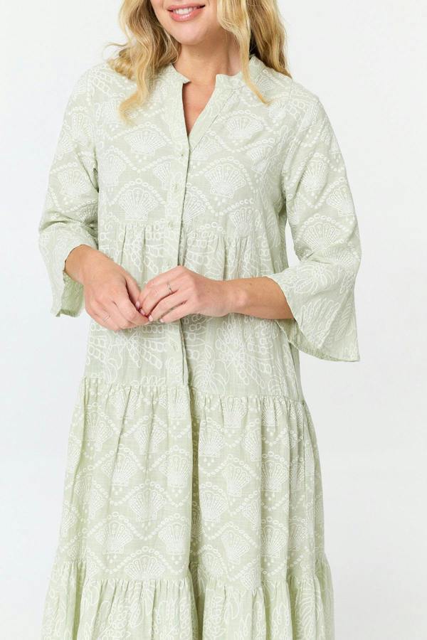 Sage | Printed 3/4 Flare Sleeve Maxi Dress
