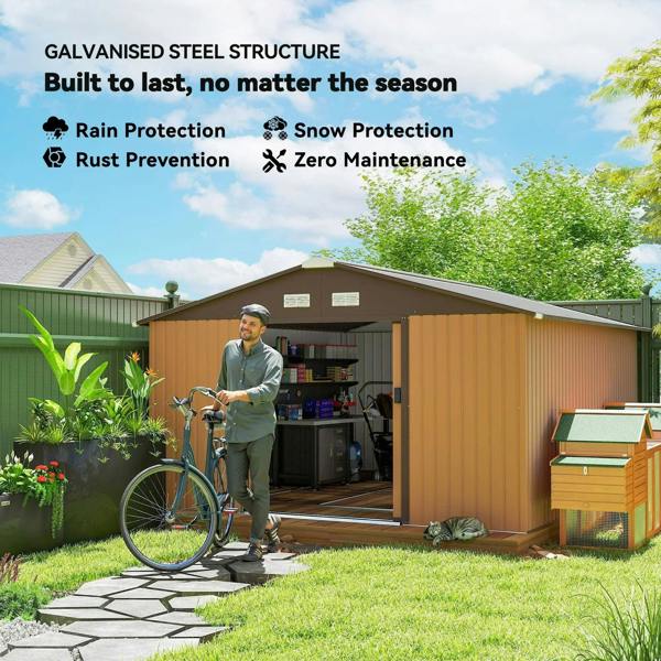 Light brown metal garden shed with open double doors and sturdy apex roof