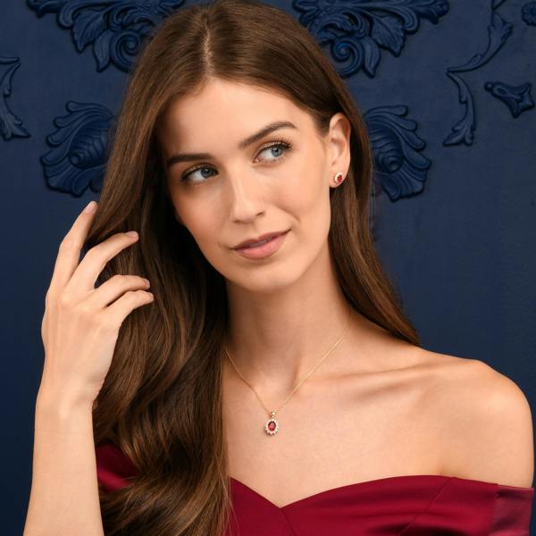 namana Gold Plated Sterling Silver Red Cubic Zirconia Oval Halo Pendant Necklace