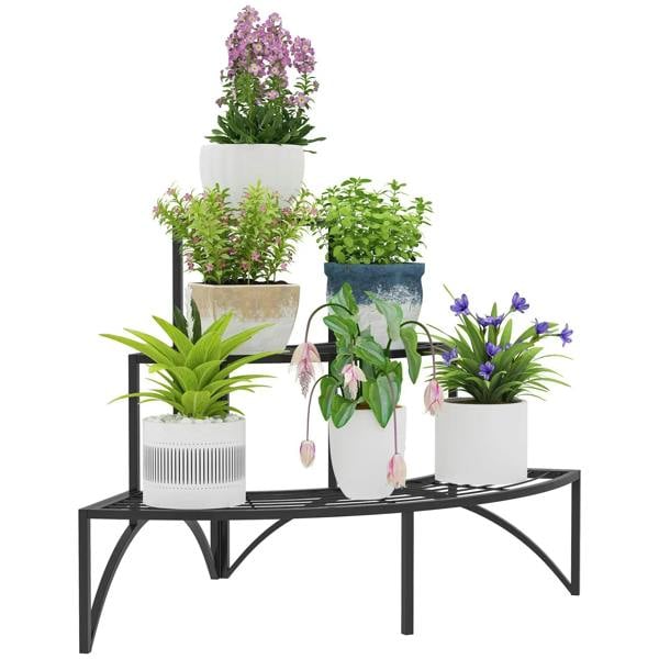 Black three-tier metal corner plant stand with three open shelf tiers