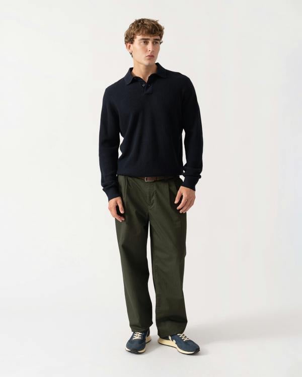 Outfit shot of BOSS Orange Afedro Mens Long Sleeve Knit Polo Shirt - Dark Blue 404