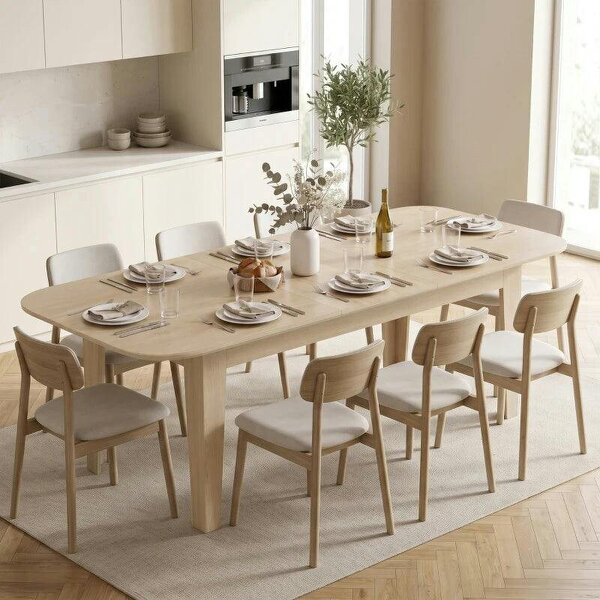 Extendable Oval Dining Table for 4-6, Modern Expandable Kitchen Table, Round Edges, Oak
