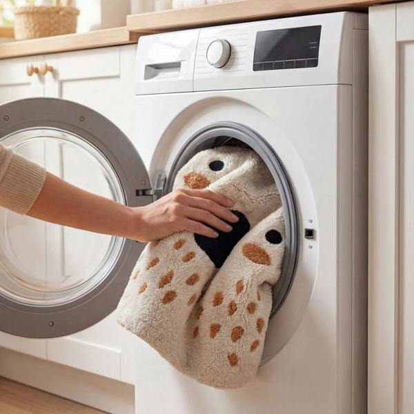 Person taking a towel out of a washing machine in a kitchen.
