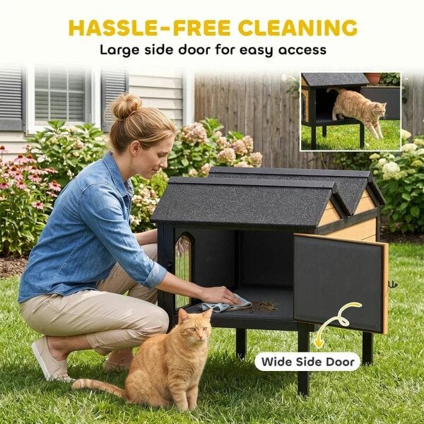 Wooden Cat House Outdoor Indoor with Weatherproof Asphalt Roof, Side Cleaning Door, PVC Curtain