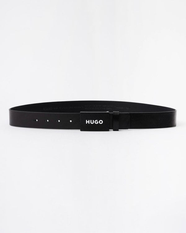 HUGO Gilao Mens Matte Leather Belt with Branded Plaque Buckle